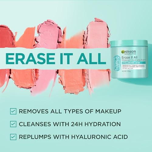 Garnier Erase It All Makeup Cleansing Balm with Hyaluronic Acid, Replumping Facial Cleanser and Makeup Remover, 4.2 Oz