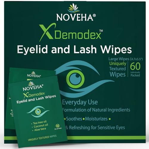 NOVEHA Demodex Eyelid & Lash Wipes | Box Of 60 Individually Wrapped Extra Strength Cleansing Eyelash Wipes - Battle Itchy & Irritated Eyes associated with Demodex Mites, Naturally Remove debris