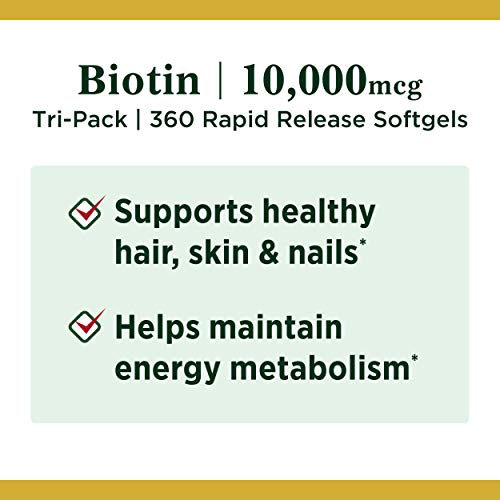 Nature's Bounty Biotin Hair Skin and Nails Vitamins, Supports Healthy Hair, Skin and Nails, 10,000 mcg, 120 Count (Pack of 3)