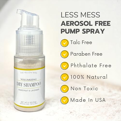 Yellow Bird All Natural Dry Shampoo Powder - Aerosol Free, Talc Free, Volumizing Powder Spray for Light & Dark Hair.