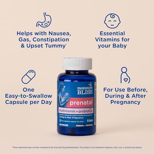 Mommy's Bliss Prenatal Multivitamin + Probiotic for Women w/ Folic Acid, Supports Baby Development & Mom's Digestion w/ Zinc, Vitamin B6 & B12, Ginger & Choline, Vegan & Gluten Free (45 Servings)