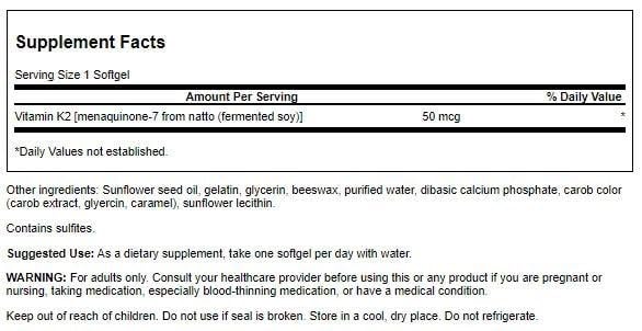 Swanson Natural Vitamin K2 (Menaquinone-7 from Natto) 50 mcg 30 Sgels
