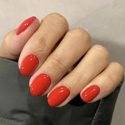 modelones Red Short Press on Nails Oval Fake Nails with Nail Glue, Adhesive Tabs, Nail File, Prep Pad, Manicure Stick, 32Pcs 16 Sizes, Fall Halloween