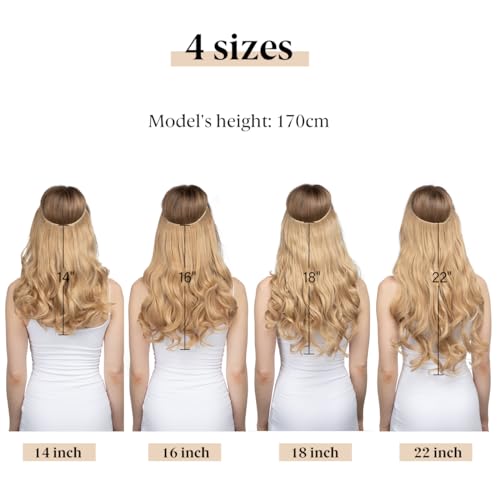 SARLA Invisible Wire Hair Extensions with 3 Clips Short Synthetic Wavy Curly Hairpiece Adjustable Transparent Headband for Women 14 Inch Pale Ash Blonde