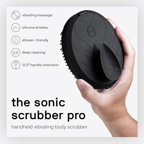 Black Wolf Silicone Body Scrubber & Exfoliator - Vibrating Loofah Shower Scrubber Brush with Handle Extension for Back - Deep Cleaning & Exfoliating Body Scrub - Bath Hygiene Essentials - Men & Women