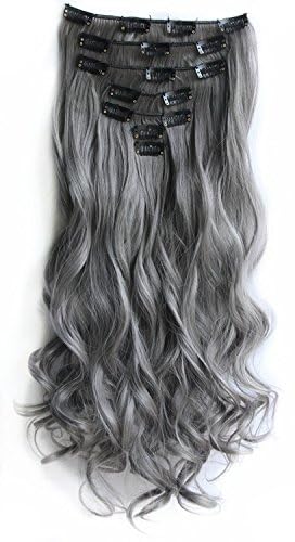 SWACC Women 20 Inches Curly Full Head 7 Separate Pieces Heat Resistance Synthetic Hair Clip in Hair Extensions (Grey)