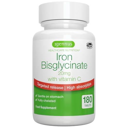Igennus High Absorption Chelated Iron Bisglycinate 20mg, Vitamin C, 6 Month Supply, Gentle Formula, Clean Label & Targeted Release Ferrous Bisglycinate for Women and Men, One Daily, Vegan, 180 Tablets