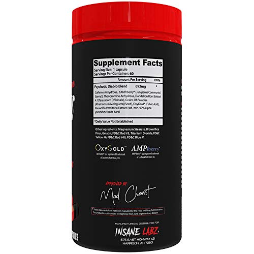 Insane Labz Psychotic Diablo Thermogenic Fat Burner for Men and Women with Grains of Paradise Theobromine Dandelion Root Extract Fueled by AMPiberry, Appetite Suppressant - 60 Servings