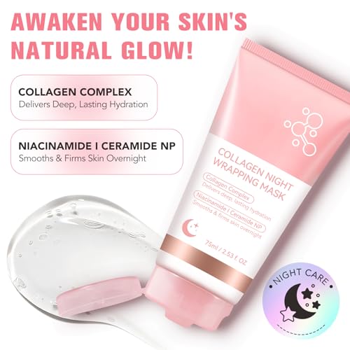 QwsYaay Collagen Night Wrapping Mask, Collagen Face Mask, Collagen Sleeping Mask, Collagen Facial Mask for Elasticity & Hydration, Hydrates and Tightens Skin, Reduces Sagging