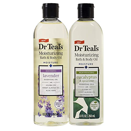 Dr. Teals Bath & Body Oil Variety Gift Set (2 Pack, 8.8oz Ea.) - Soothing Lavender & Rejuvenating Eucalyptus & Spearmint - Essential Oils Hydrate Skin & Alleviates Daily Stress