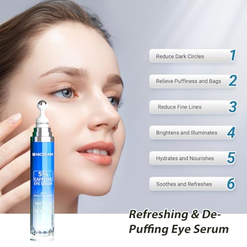 Hicream Eye Cream, Under Eye Serum with 5% Caffeine Hyaluronic Acid for Puffy, Fine Lines, Eye Bags, Dark Circles and Wrinkles, Eye Roller Serum with 360°Massage Balll, Eye Skin Care for Women & Men