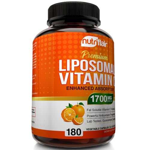 NutriFlair Liposomal Vitamin C 1700mg, 180 Capsules - High Absorption, Fat Soluble VIT C, Antioxidant Supplement, Higher Bioavailability Immune System Support & Collagen Booster, Non-GMO, Vegan Pills