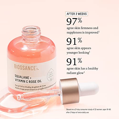 BIOSSANCE Squalane + Vitamin C Rose Oil, Advanced Facial Oil - Brightening, Firming, and Hydrating Serum for All Skin Types - Chios Crystal Oil, Damascus Rose Extract & Squalane for Radiance - 1oz
