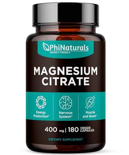Magnesium Citrate Powder Capsules 400mg - 180 Count Veg Caps - PhiNaturals Supplements - Nervous System Support and Enzyme Function