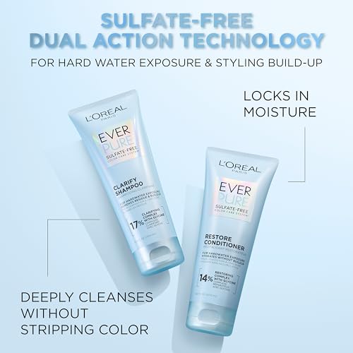 L'Oreal Paris Clarify and Restore Sulfate Free Shampoo and Conditioner Set with Antioxidants for Hard Water Exposure and Styling Build-up, EverPure, 1 Hair Care Kit