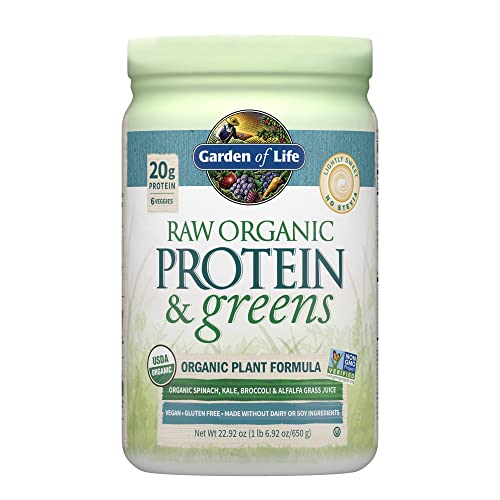 Garden of Life Raw Organic Protein & Greens Lightly Sweet, Vegan Protein Powder for Women and Men, Plant Protein, Pea Protein, Greens & Probiotics, Dairy Free, Gluten Free Low Carb Shake, 20 Servings