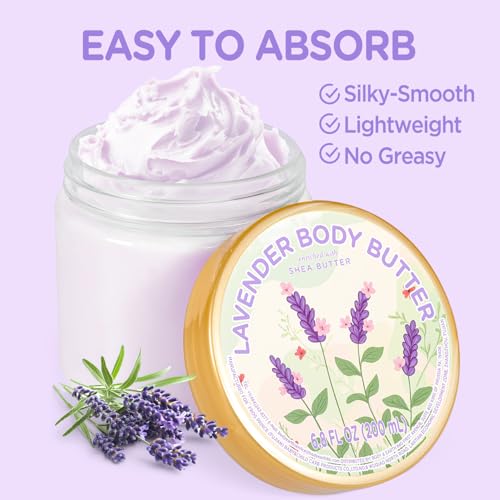 puresoak bath Lavender Body Butter, Natural Body Butter for Men Women Smell Good, Lavender Scented Shea Butter Body Cream, Body Moisturizer for Dry Skin 6.8 floz