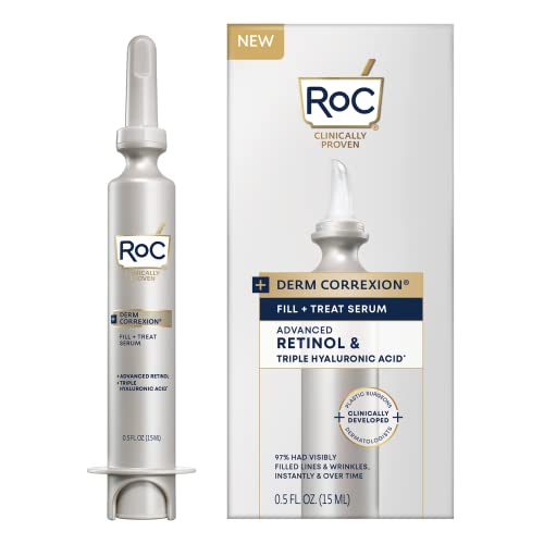 RoC Derm Correxion Fill + Treat Advanced Retinol Serum with Hyaluronic Acid for Forehead Wrinkles, Crow's Feet, Eleven Wrinkles, and Laugh Lines, Stocking Stuffer, 15ml