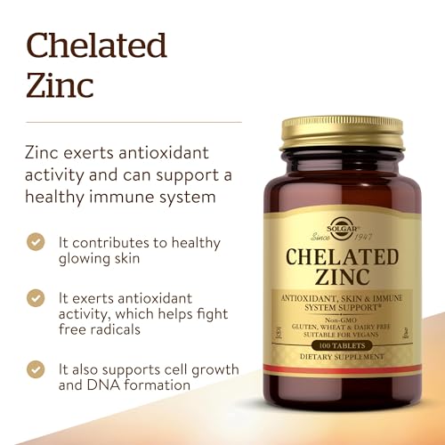 Solgar Chelated Zinc, 100 Tablets - Zinc for Healthy Skin - Supports Cell Growth & DNA Formation - Exerts Antioxidant Activity - Supports A Healthy Immune System - Non GMO, Gluten Free - 100 Servings