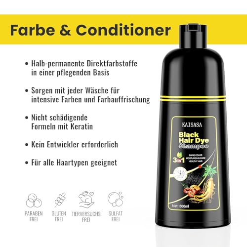 KINGMING Black Hair Dye Shampoo 3 in 1 for Gray Hair, Hair Color Shampoo for Women Men Grey Hair Coverage, Herbal Ingredients Champu Con Tinte Para Canas 500ml (Black).