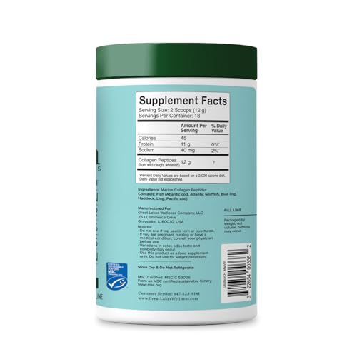 Great Lakes Wellness Sustainable Marine Collagen Peptides Powder for Skin, Hair, Nails, Joints & Digestion - Unflavored - Quick Dissolve Hydrolyzed, Wild Caught, MSC Certified, Non-GMO, Kosher - 8 oz