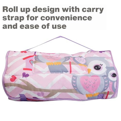 EVERYDAY KIDS Nap Mat with Removable Pillow - Sweet Owls - Carry Handle with Straps Closure, Rollup Design, Soft Microfiber for Preschool, Daycare, Travel Sleeping Bag - Ages 3-6 Years