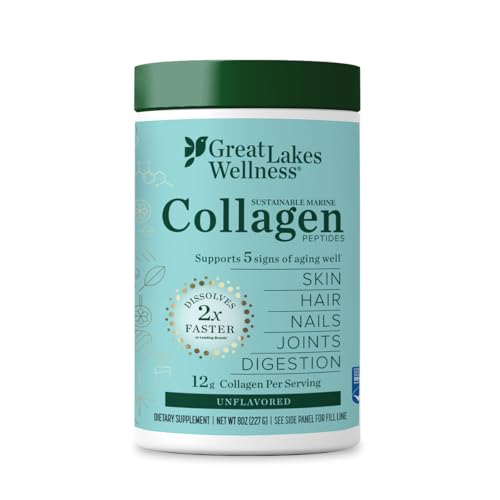 Great Lakes Wellness Sustainable Marine Collagen Peptides Powder for Skin, Hair, Nails, Joints & Digestion - Unflavored - Quick Dissolve Hydrolyzed, Wild Caught, MSC Certified, Non-GMO, Kosher - 8 oz