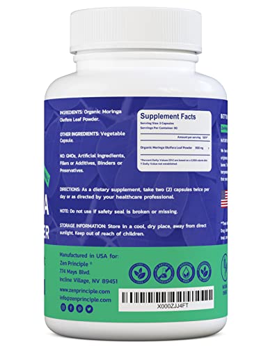 Zen Principle Organic Moringa Oleifera. Ultra-Premium. Provides an All Natural Energy Boost and Multi-Vitamin. A Raw Superfood, Vegan, No GMO and Gluten Free. 180 Capsules.