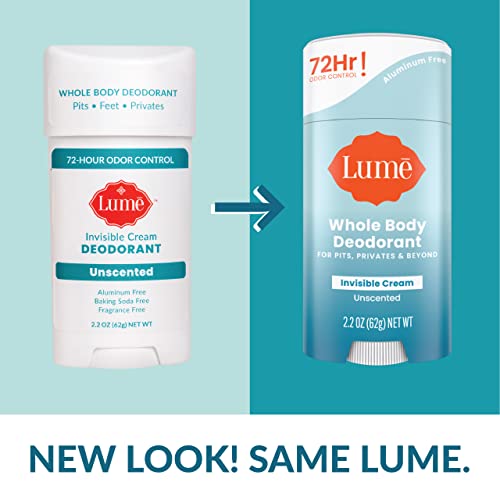 Lume Whole Body Deodorant - Invisible Cream Stick - 72 Hour Odor Control - Aluminum Free, Baking Soda Free, Skin Safe - 2.2 Ounce (Unscented)