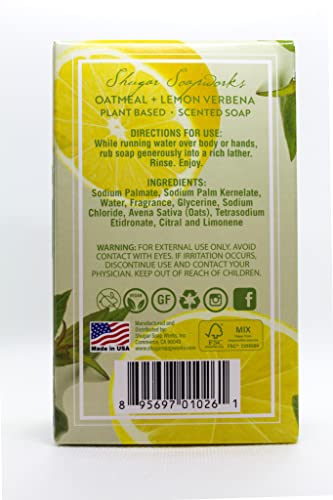 Shugar Soapworks Oatmeal & Lemon Verbena Soap 6.25 Oz - Plant Based, Vegan, Natural, Pure, No Dyes, Sulfate & Paraben Free (2 Pack)
