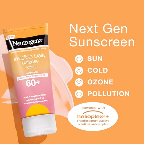 Neutrogena Invisible Daily Sunscreen Lotion, Broad Spectrum SPF 60+, Oxybenzone-Free & Water-Resistant, Sun or Environmental Aggressor Protection, Antioxidant, 3 Fl Oz (Pack of 1)