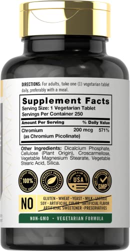 Carlyle Chromium Picolinate 200mcg | 250 Tablets | Vegetarian, Non-GMO, Gluten Free Supplement