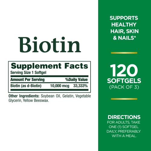 Nature's Bounty Biotin Hair Skin and Nails Vitamins, Supports Healthy Hair, Skin and Nails, 10,000 mcg, 120 Count (Pack of 3)