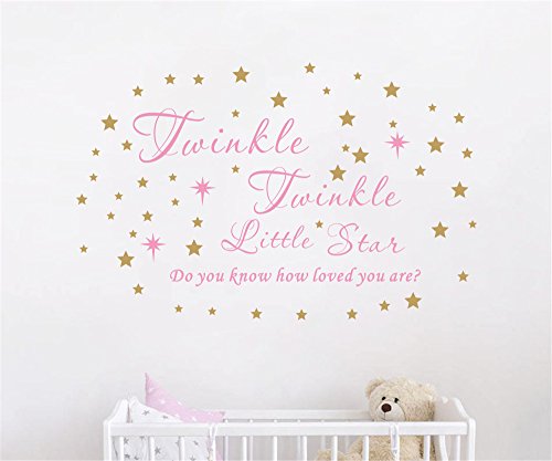Twinkle Twinkle Little Star Wall Decal Vinyl Quote Sticker Do You Know How Loved You Are Nursery Decor For Kids Girls Bedroom Decoration Home Room Stars Art Design YMX23 (Soft Pink & Gold, 65x42cm)
