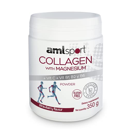 AML Sport - Collagen with Magnesium + VIT C, B1, B2 and B6 Powder - 350g (Strawberry Flavour). Tissue Regenerator with Type 1 &2 Collagen. Gluten Free. Sugar Free