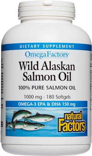 Natural Factors, Wild Alaskan Salmon Oil Provides Omega-3, EPA, DHA & Vitamin D, Supports Brain & Heart Health, 180 Count (Pack of 1)