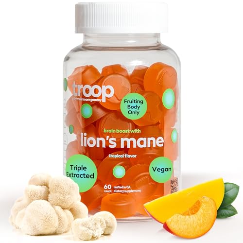 Troop Mushroom Lion's Mane Gummies, Supplement for Focus & Mood, Cognitive, Immune & Memory Support - Brain Boost, Natural Peach Mango Flavored Nootropic with Fruit Body Gummy - Vegan, 60 Count
