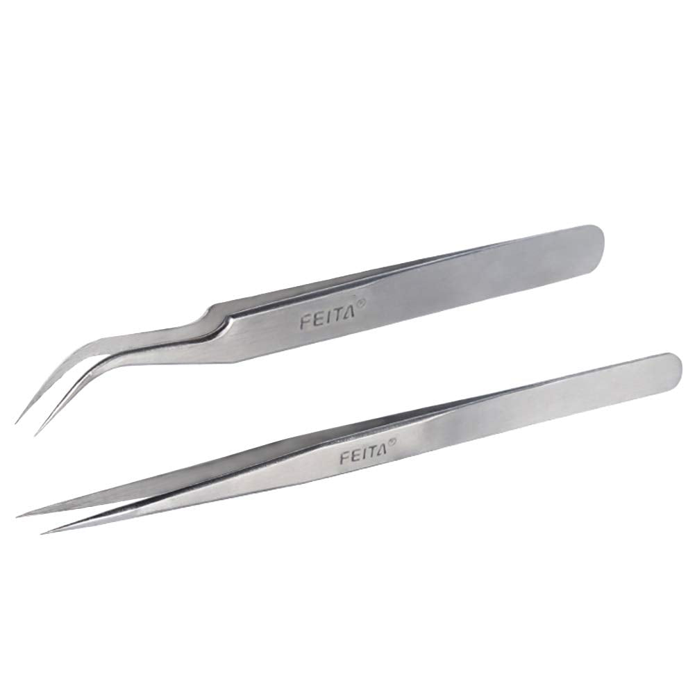 FEITA 2PCS Stainless Steel Tweezers Precision Hand Tool Tweezers for Ingrown Hairs, Eyebrow Hairs, Facial Hairs, and Splinters,Jewelry-making,Hobbies(ST-11&12)