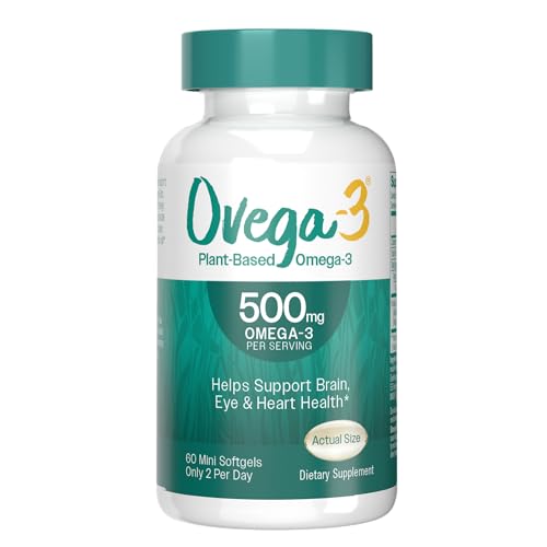 OVEGA-3 Plant-Based Omega-3 from Algal Oil Daily Supplement, 500mg, Supports Brain, Eye & Heart Health, Two Mini softgels per Day, 60 Count
