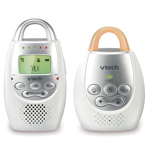 VTech Communications DM221 Audio Baby Monitor with up to 1,000 ft of Range, Vibrating Sound-Alert, Talk Back Intercom & Night Light Loop, White/Silver