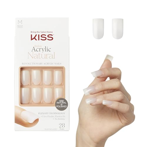 KISS Salon Acrylic, Press-On Nails, Nail glue included, 'Euphoria', French, Medium Size, Square Shape, Includes 28 Nails, 2g Glue, 1 Manicure Stick, 1 Mini File