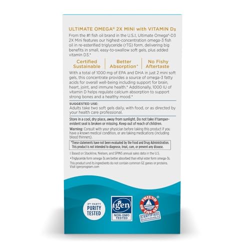 Nordic Naturals Ultimate Omega 2X Mini D3, Lemon Flavor - 1120 mg Omega-3 + 1000 IU Vitamin D3-60 Mini Soft Gels - Omega-3 Fish Oil - EPA & DHA - Promotes Brain & Heart Health - 30 Servings