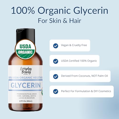 100% Organic Glycerin - For Skin & Hair - Food Grade - USDA Certified - Not From Palm Oil - Perfect Skin and Hair Moisturizer - 2 Fl Oz