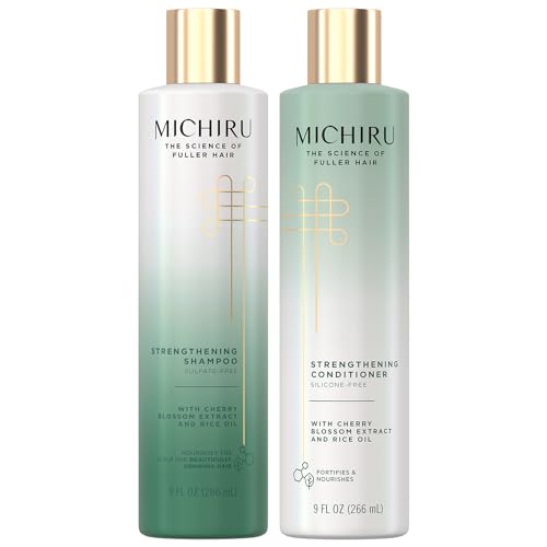 Michiru Strengthening Shampoo, Sulfate-Free & Conditioner, Silicone-Free – Japanese Hair Care, Scalp Treatment with Cherry Blossom Extract and Rice Oil, 9 Oz Each (2 Piece Set)