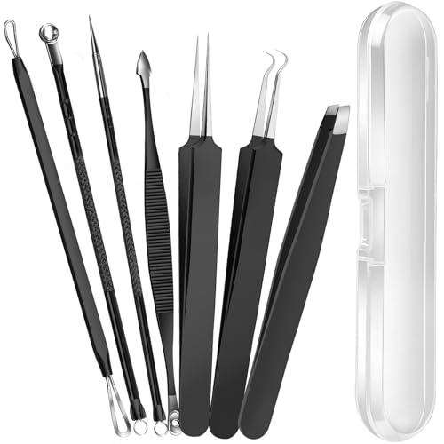 Teenitor Blackhead Remover Tools, Pimple Popper Tool Kit, Ingrown Hair Tweezers, Precision Tweezers, Surgical Grade Blackhead Extractor Pimple Extractor, Black
