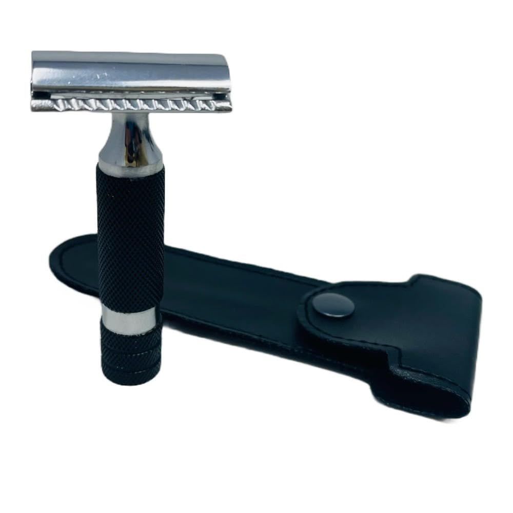 GBS Double Edge Safety Razor Set - Butterfly Open DE Shaving Razor Long Handle w/Black Rubber Coated Grip + Leather Protective Travel Case + 10 DE blades Included Complete Wet Shaving Razor Gift Set