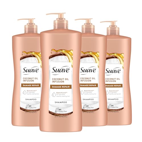 Suave Coconut Oil Damage Repair Shampoo, for Normal, Dry and Damaged Hair, with Pure Coconut Oil Infusion, 28 oz Pack of 4