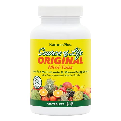 NaturesPlus Source of Life Mini-Tabs No Iron - 180 Vegetarian Mini Tablets - Easy to Swallow Natural Whole Food Multivitamin & Mineral Supplement for Health & Energy - 30 Servings