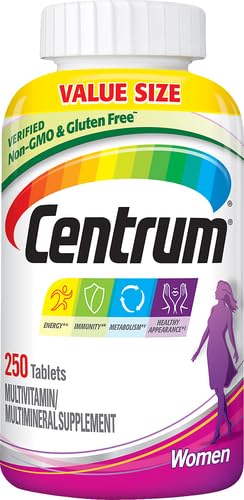 Centrum Multivitamin for Women, Multivitamin/Multimineral Supplement with Iron, Vitamin D3, B Vitamins and Antioxidant Vitamins C and E, Tablet, Gluten Free, Non-GMO Ingredients - 250 Count