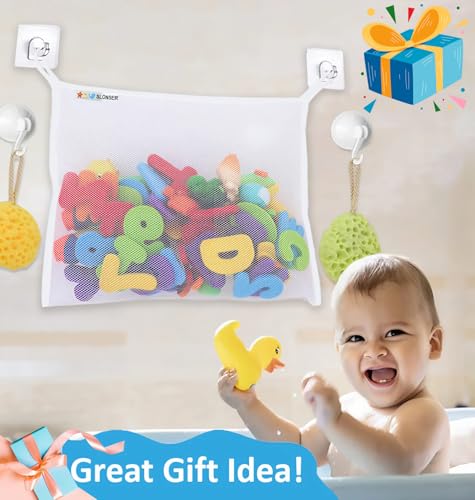 Bath Toy Net 18x16 Inch Kids Bath Tub Toy Holder, Corner Mesh Bag, Baby Bathtub Storage Organizer, Large Bathroom Bucket Bin, Toddler Shower Caddy Hanging Basket, 2 Suction Cups 2 Adhesive Wall Hooks
